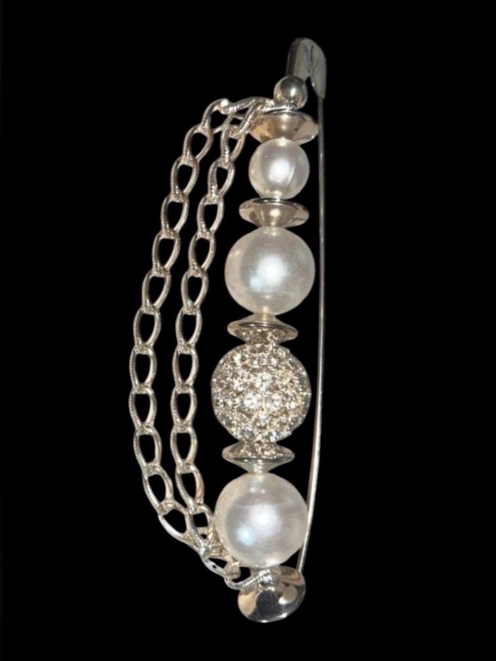 Safety Pin Pearl and Rhinestone Brooch Silver Tone with Chain Accent Lapel Pin - Picture 6 of 6